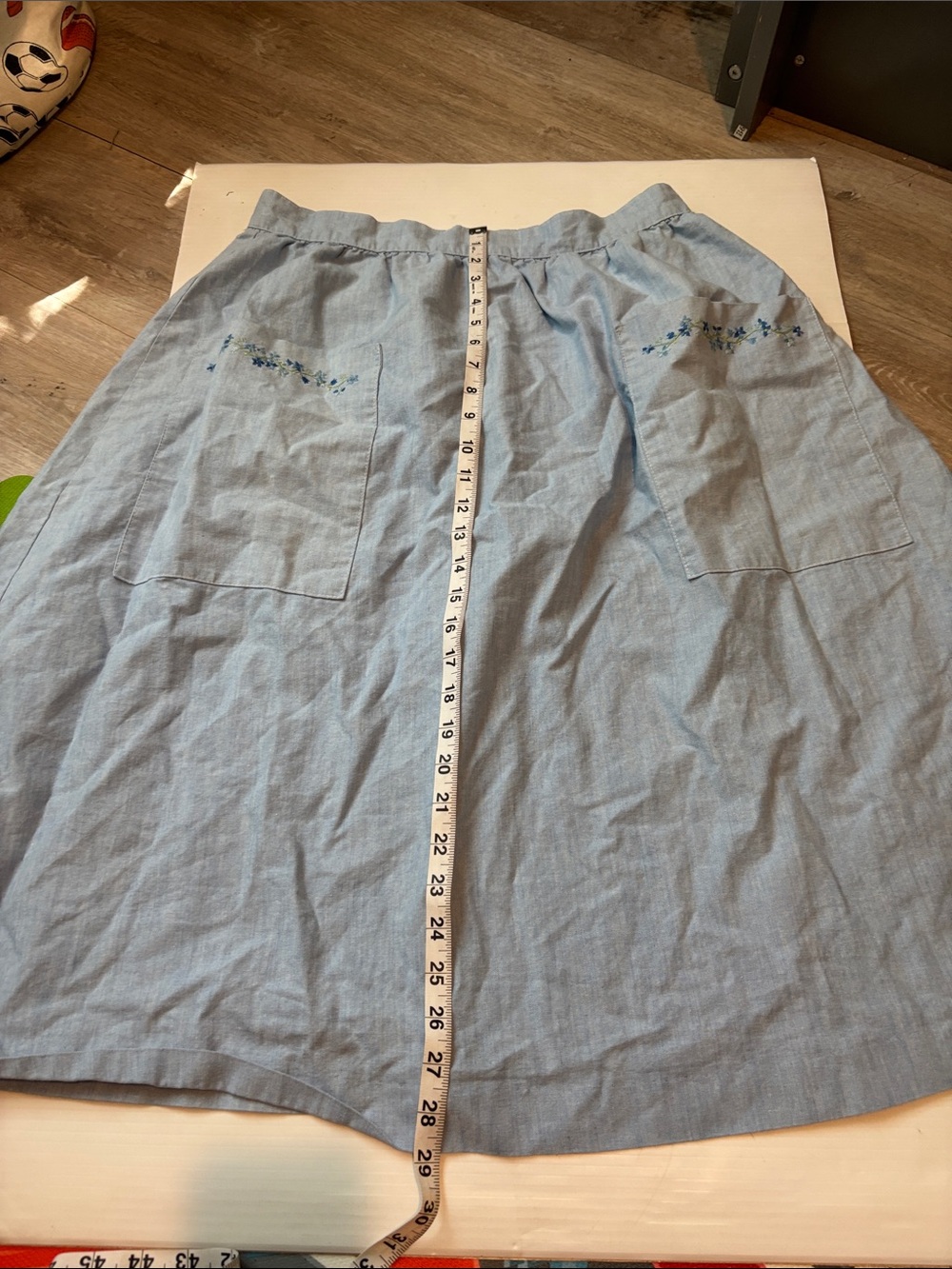 Vintage L.L. Bean Sky Blue Chambray Midi Skirt with Pocket Floral Embroidery